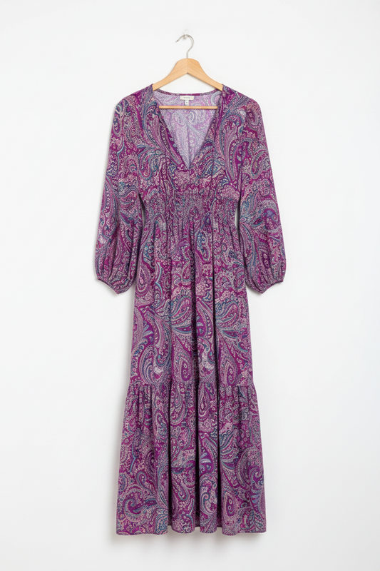 Púrpura - Vestido con escote en V y cordón en la cintura