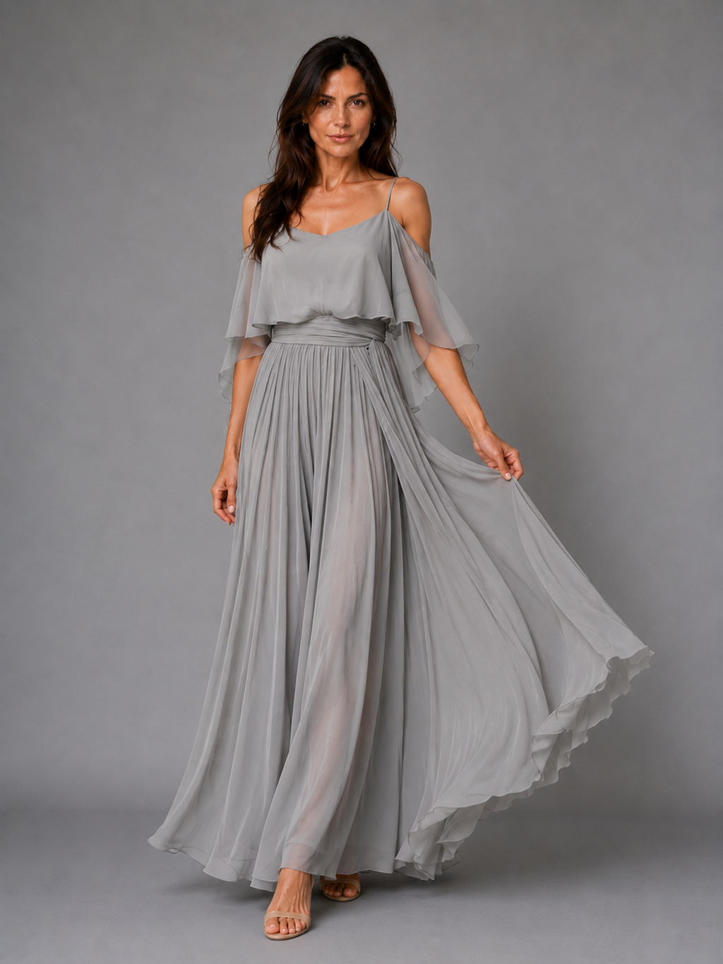 Lorena - Vestido maxi fluido sin mangas con escote asimétrico