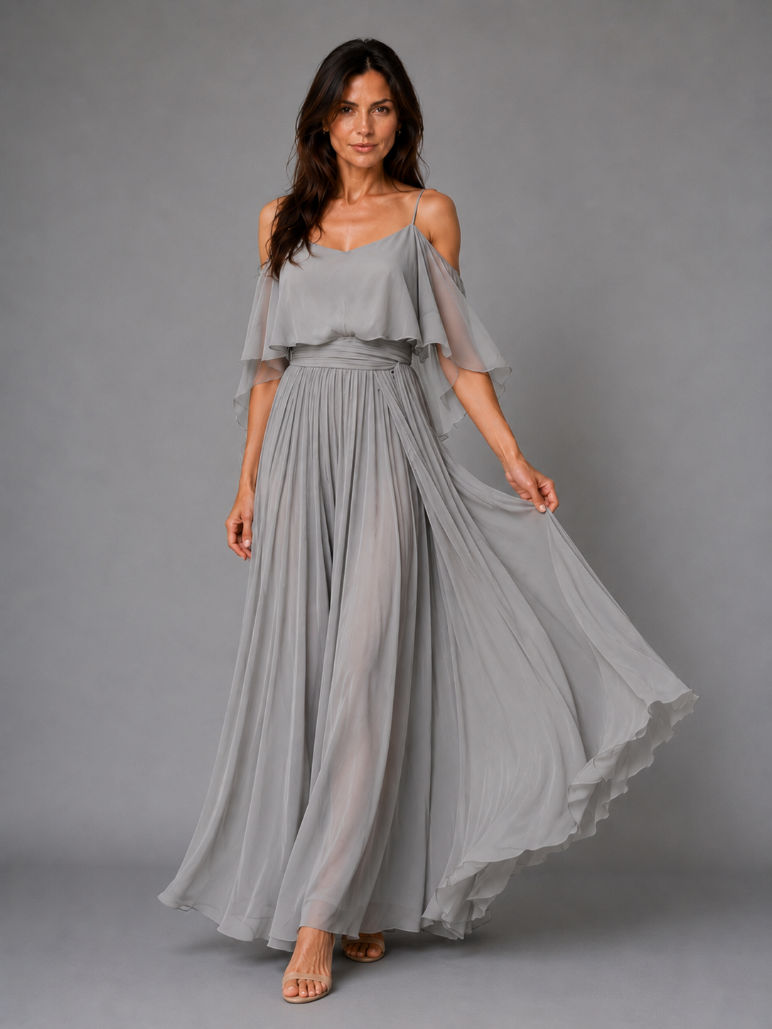 Lorena - Vestido maxi fluido sin mangas con escote asimétrico