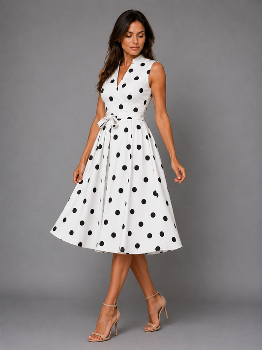 Luna -Vestido de mujer con estampado de lunares, escote en V y sin mangas