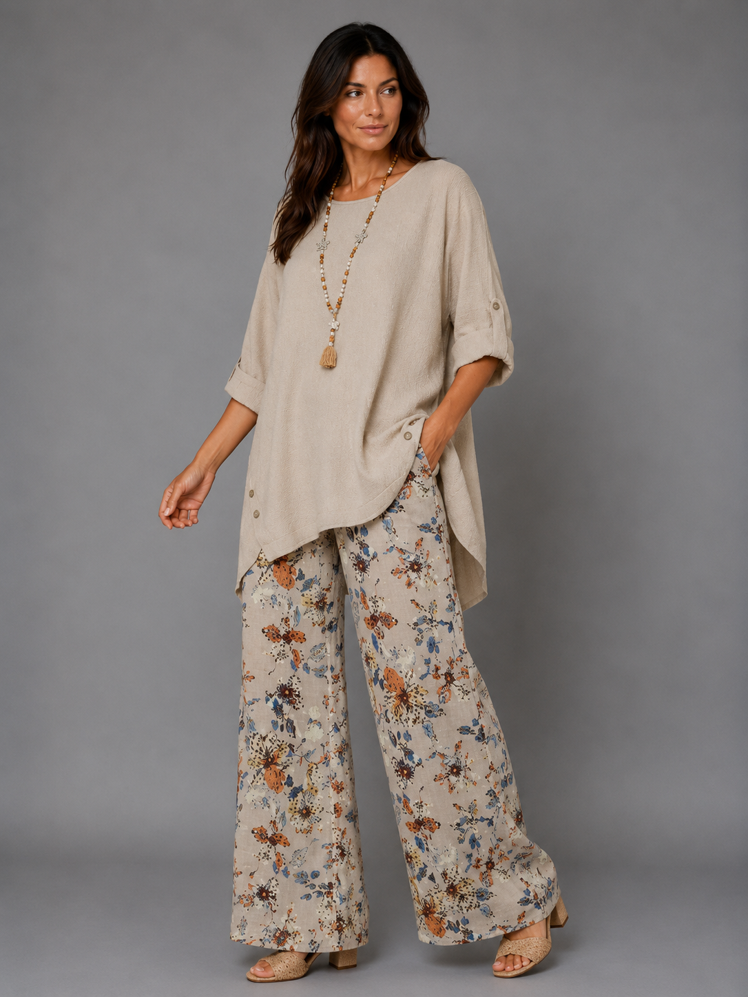Conjunto 2 piezas de mujer algodón-lino estampado floral, holgado y transpirable para verano y vacaciones