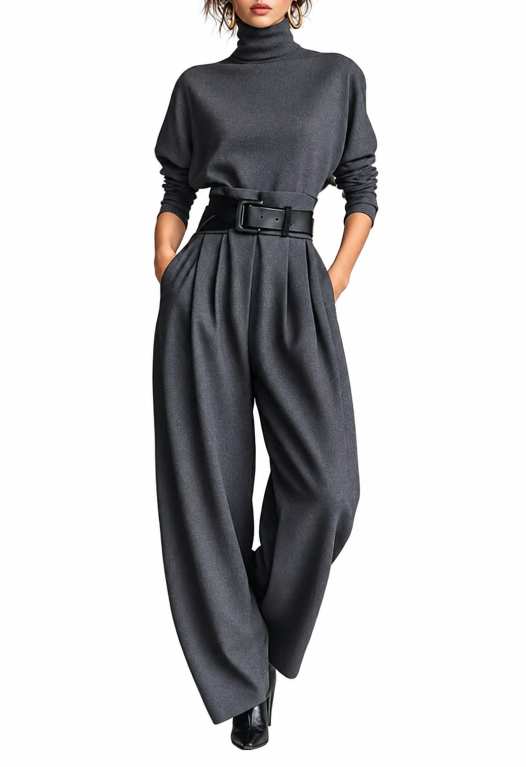 Conjunto elegante para mujer: top de cuello alto y pantalón de cintura alta