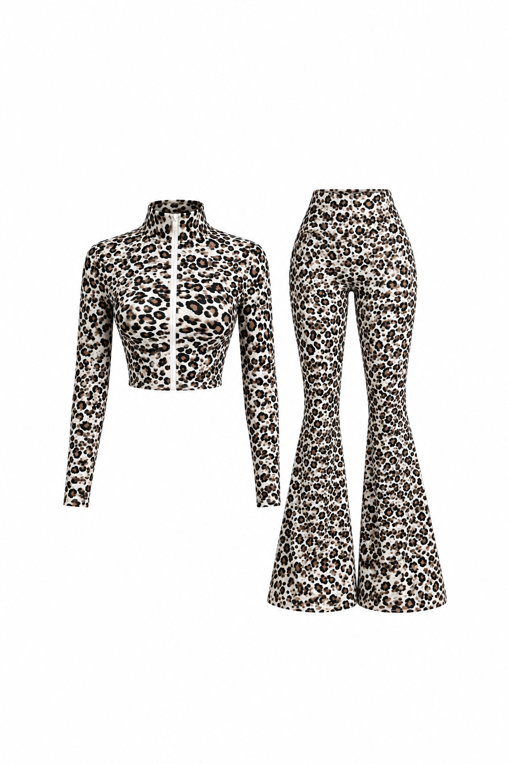 Conjunto de dos piezas con top corto de cremallera y pantalones acampanados con estampado de leopardo