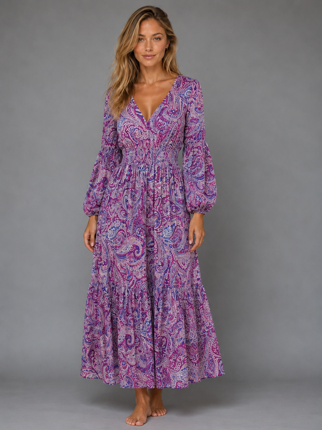 Púrpura - Vestido con escote en V y cordón en la cintura