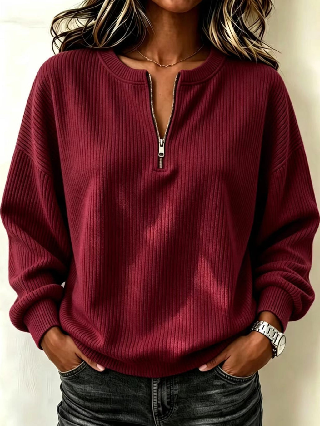 Sia | Sudadera de Punto Acanalado con Cremallera