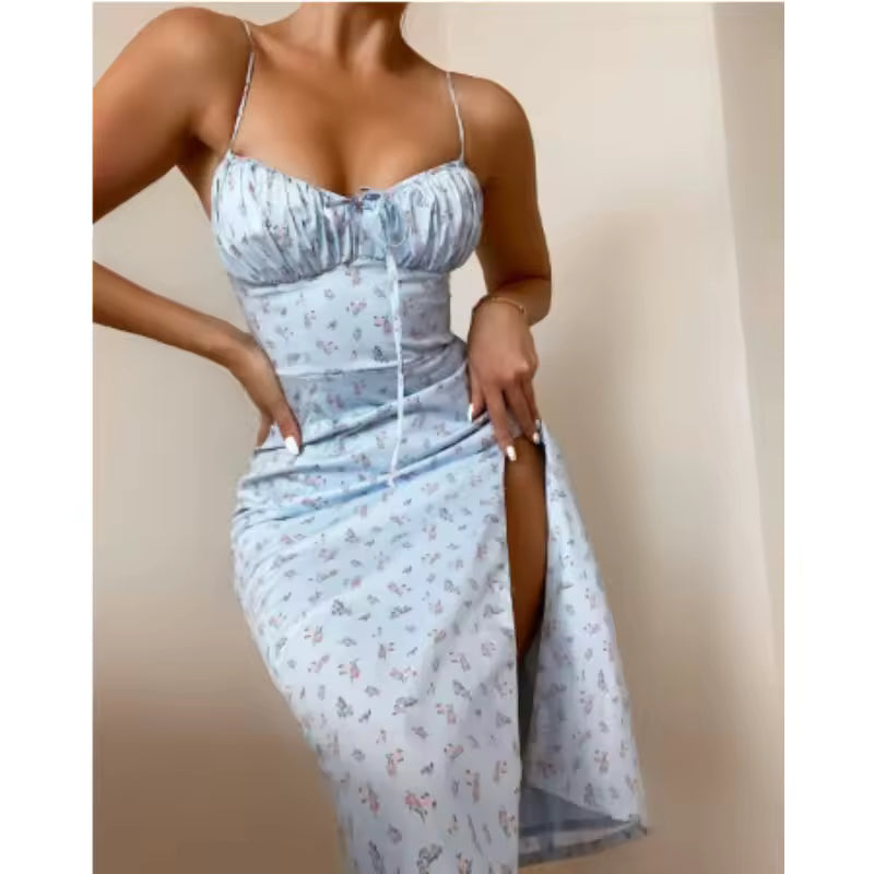 Flower - Vestido elegante floral para mujer, sexy, con corte bajo, para playa, fiesta, ajustado, sin mangas, estilo body con, chic, para vacaciones o uso diario.