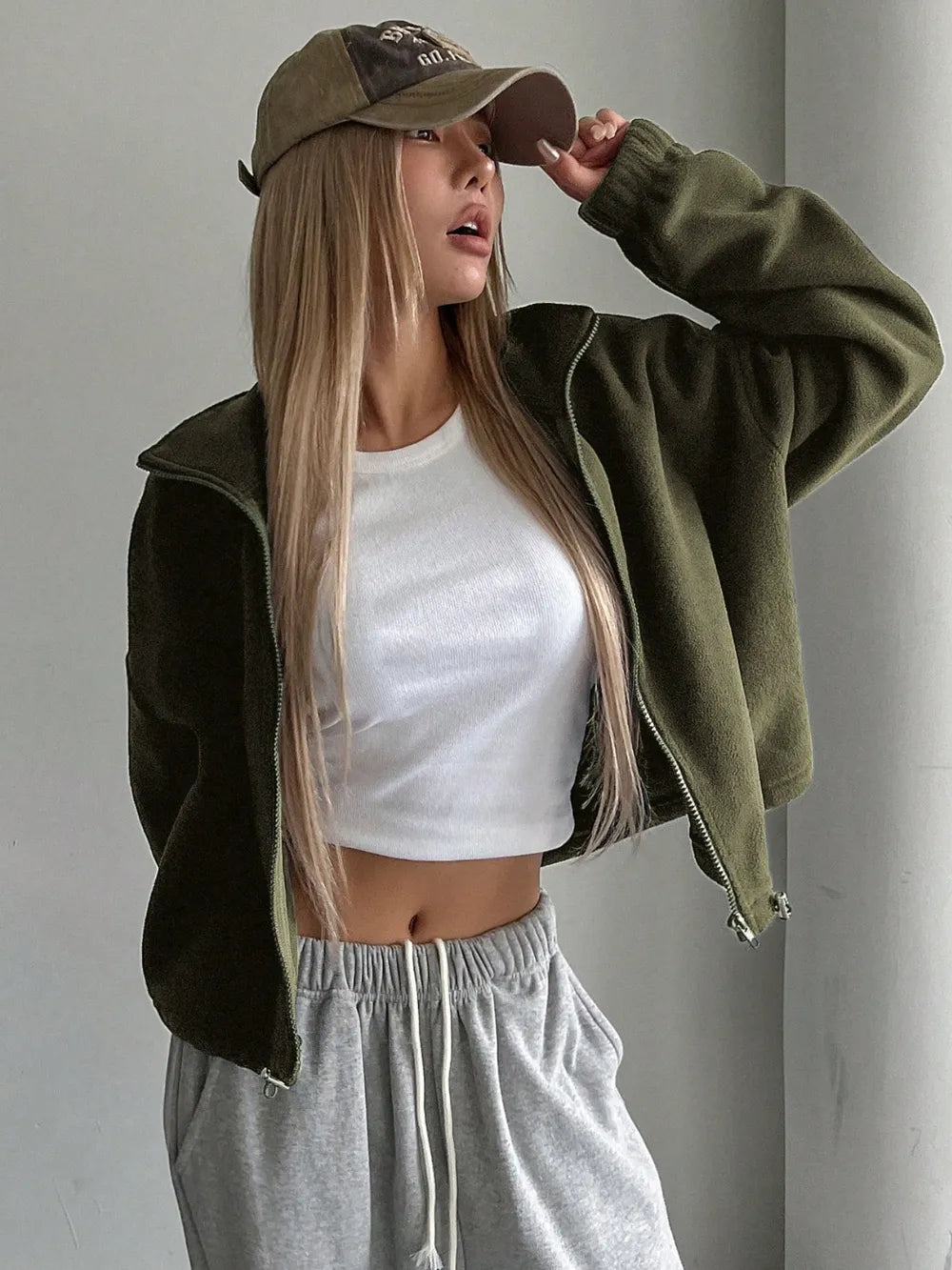 Rebe - Chaqueta Cropped de Manga Larga con Cremallera