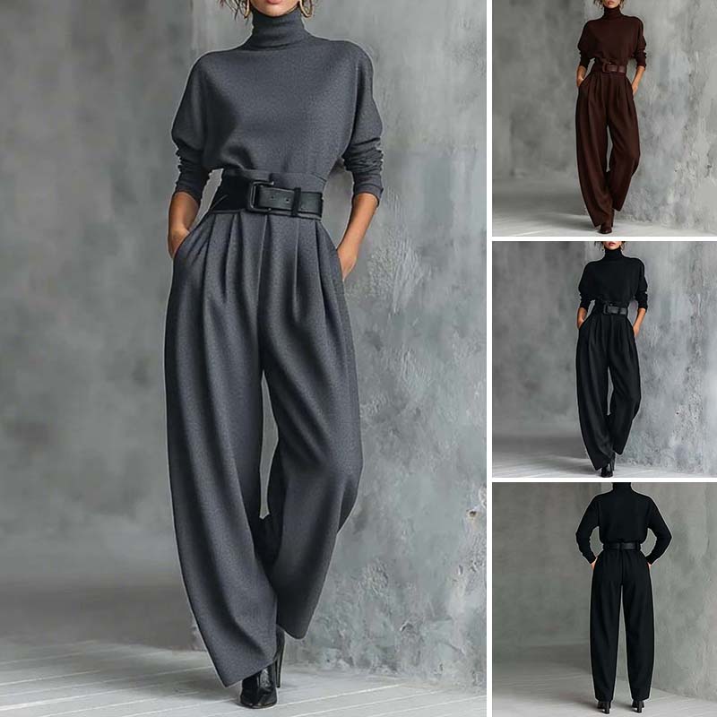 Conjunto elegante para mujer: top de cuello alto y pantalón de cintura alta