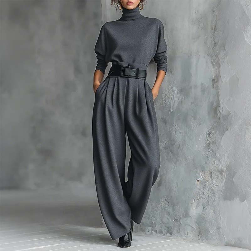 Conjunto elegante para mujer: top de cuello alto y pantalón de cintura alta