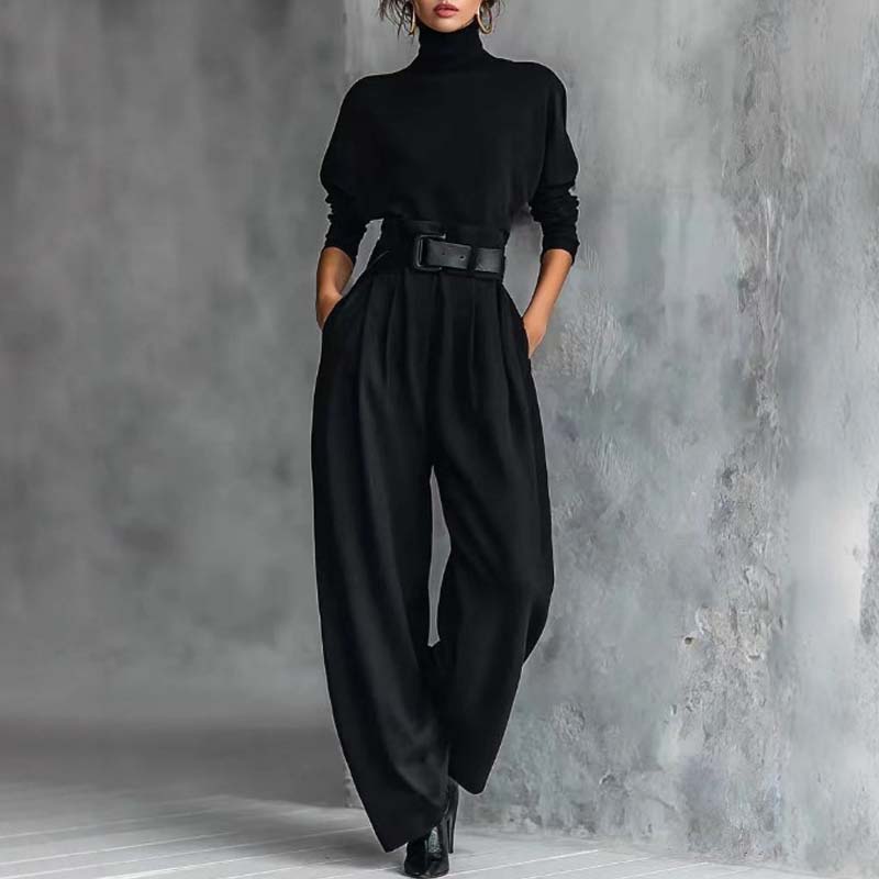 Conjunto elegante para mujer: top de cuello alto y pantalón de cintura alta
