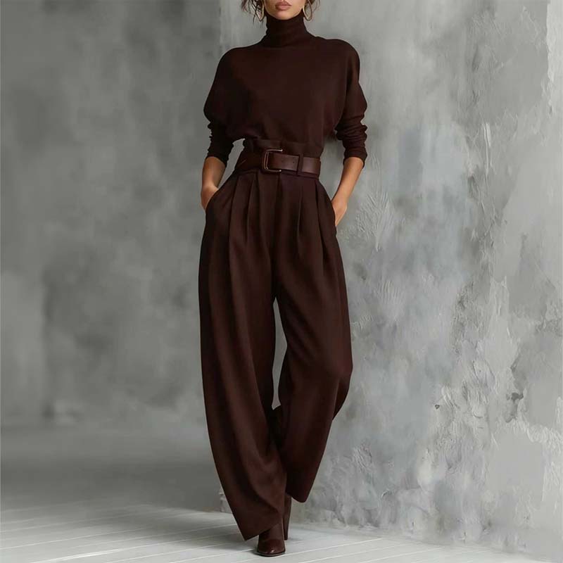 Conjunto elegante para mujer: top de cuello alto y pantalón de cintura alta