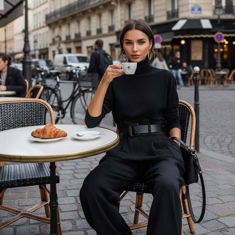 Conjunto elegante para mujer: top de cuello alto y pantalón de cintura alta