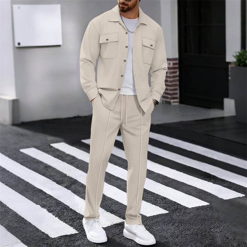 🔥Conjunto de chaqueta y pantalón de punto waffle para hombre – Tejido waffle transpirable, corte relajado y estilo casual sin esfuerzo 👕👖