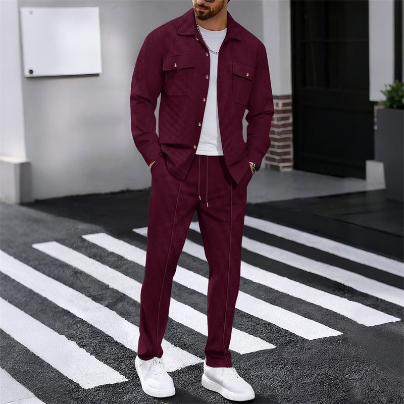 🔥Conjunto de chaqueta y pantalón de punto waffle para hombre – Tejido waffle transpirable, corte relajado y estilo casual sin esfuerzo 👕👖