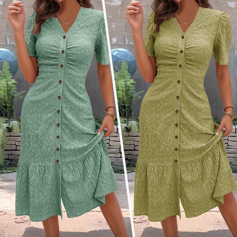 Clau -💃 Vestido de mujer con botones, escote en V y manga corta