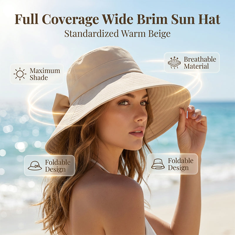Sombrero de sol para mujer con lazo y ala ancha – plegable, protección 360° 🎀