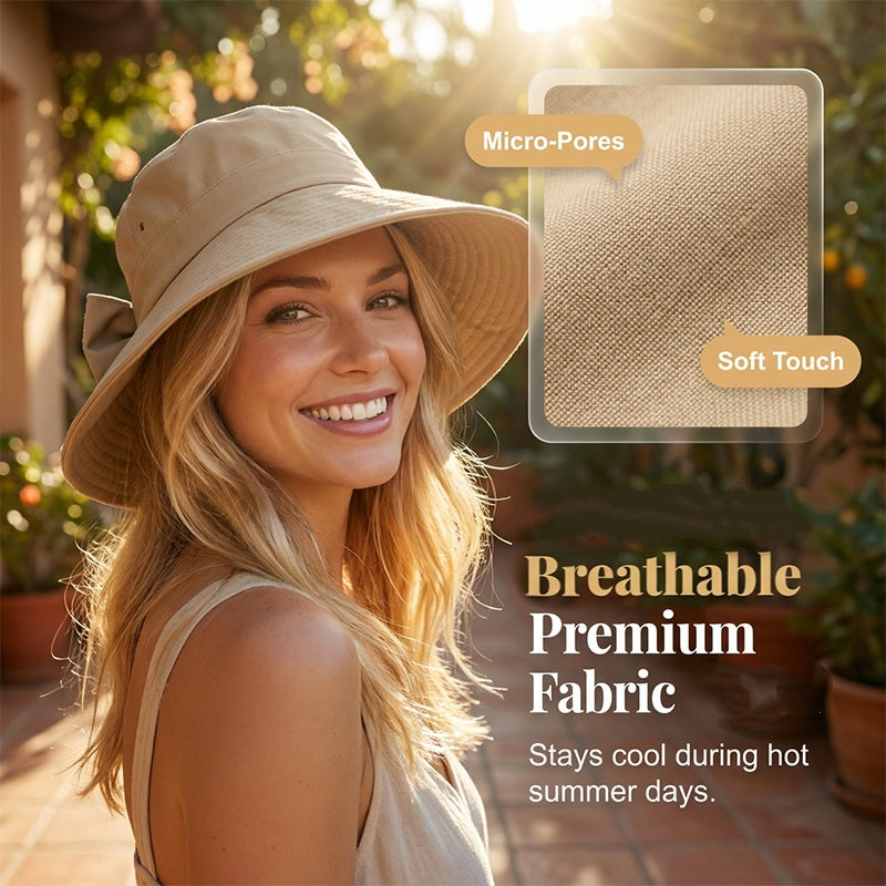 Sombrero de sol para mujer con lazo y ala ancha – plegable, protección 360° 🎀