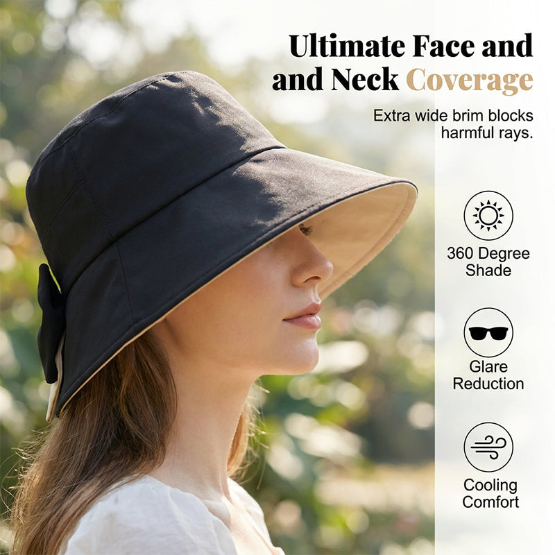Sombrero de sol para mujer con lazo y ala ancha – plegable, protección 360° 🎀