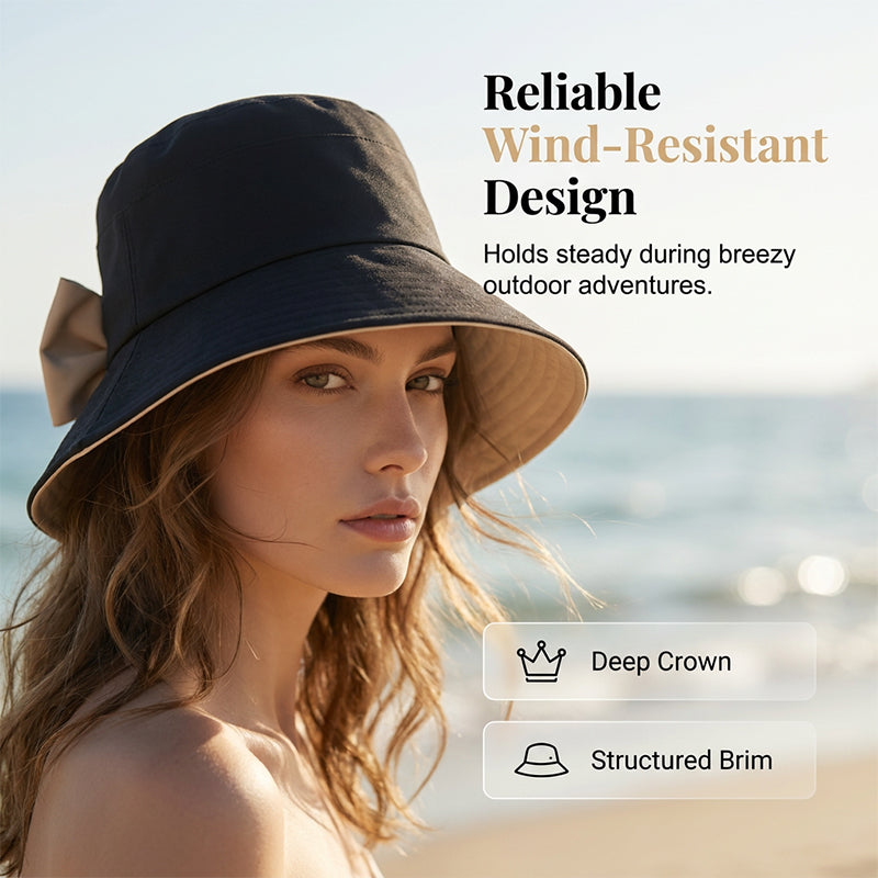 Sombrero de sol para mujer con lazo y ala ancha – plegable, protección 360° 🎀