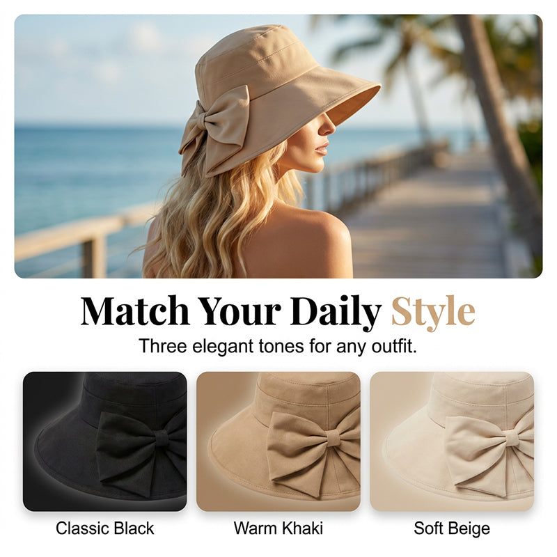 Sombrero de sol para mujer con lazo y ala ancha – plegable, protección 360° 🎀