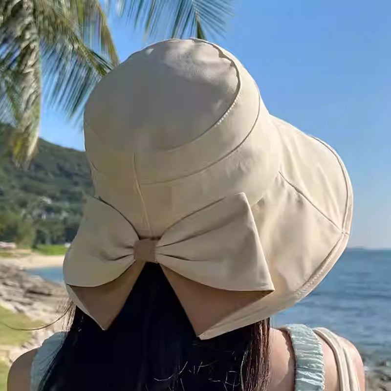 Sombrero de sol para mujer con lazo y ala ancha – plegable, protección 360° 🎀