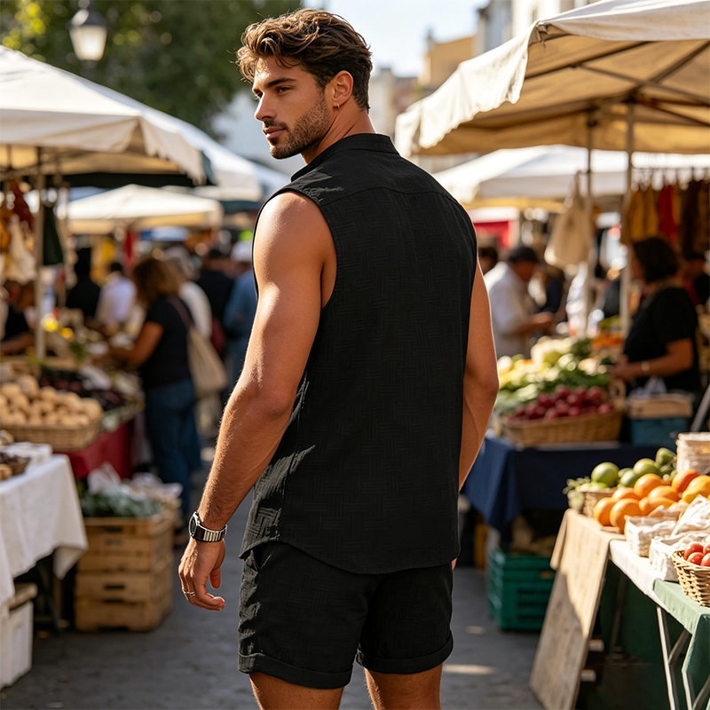 Conjunto de verano para hombre – Camisa sin mangas con botones & Shorts 👕 Transpirable & Cómodo
