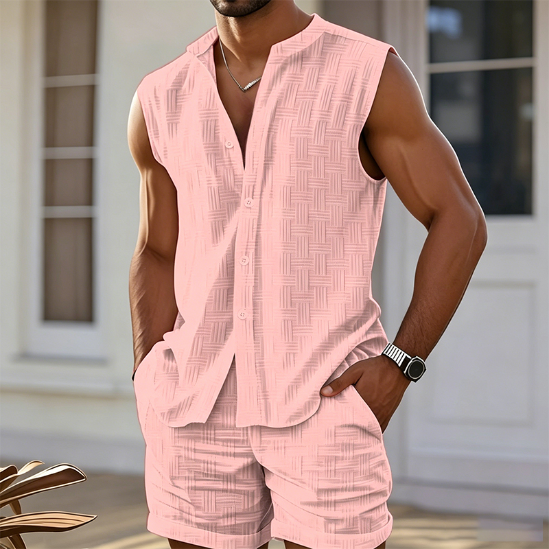 Conjunto de verano para hombre – Camisa sin mangas con botones & Shorts 👕 Transpirable & Cómodo