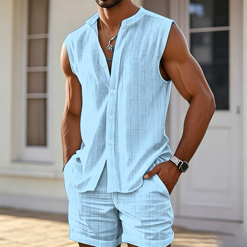 Conjunto de verano para hombre – Camisa sin mangas con botones & Shorts 👕 Transpirable & Cómodo
