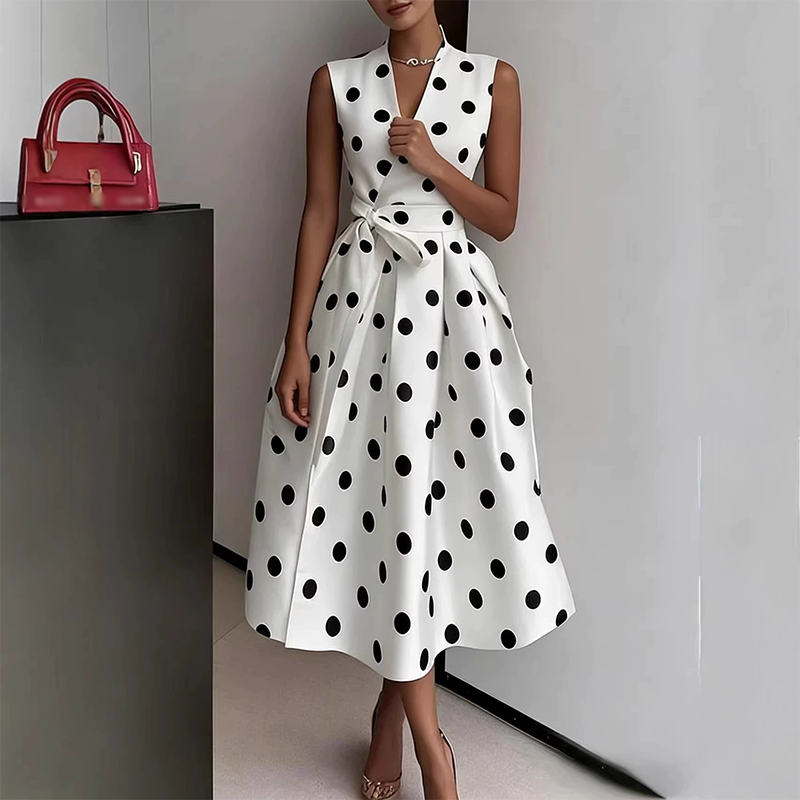 Luna -Vestido de mujer con estampado de lunares, escote en V y sin mangas