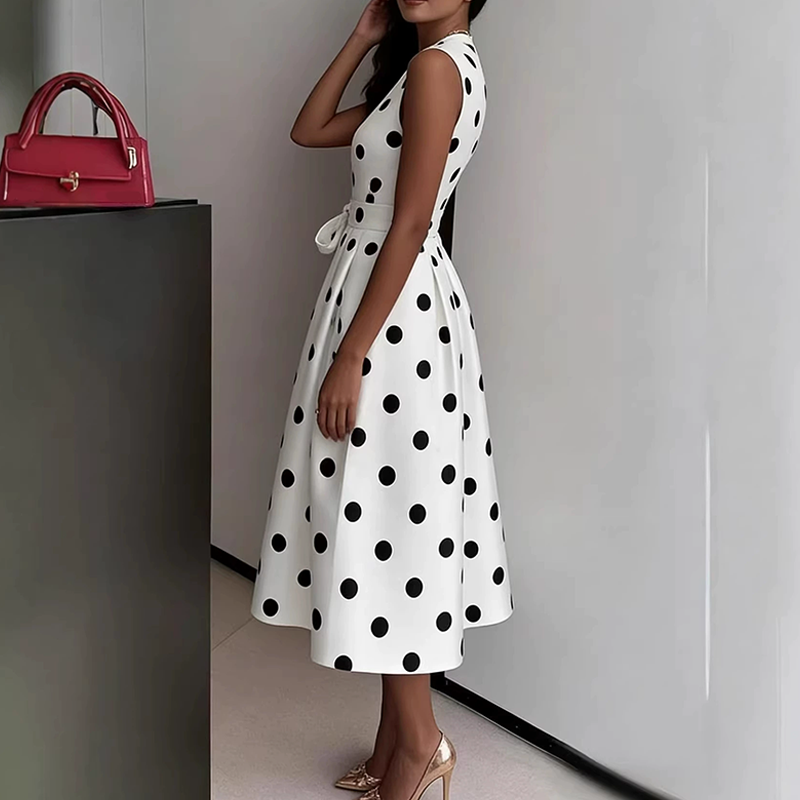 Luna -Vestido de mujer con estampado de lunares, escote en V y sin mangas