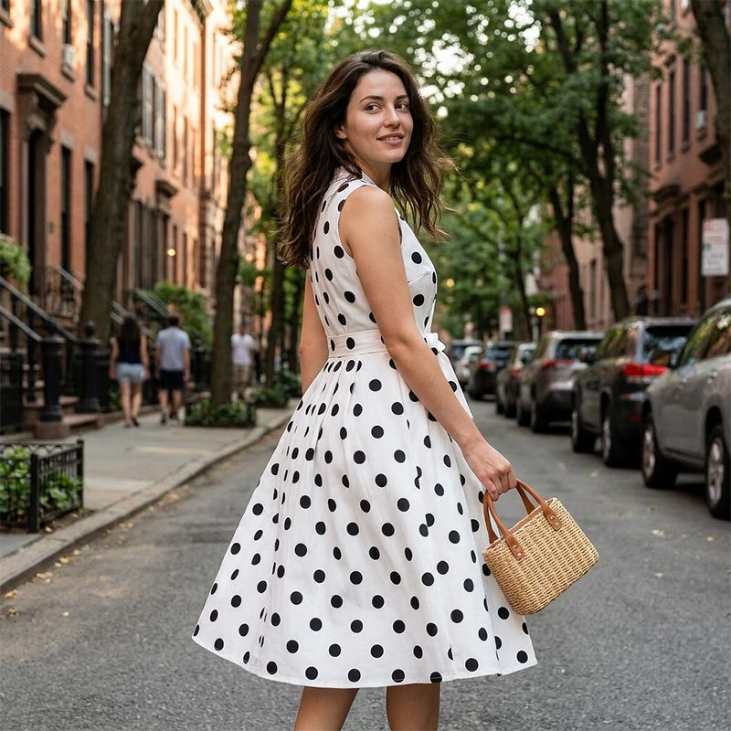Luna -Vestido de mujer con estampado de lunares, escote en V y sin mangas