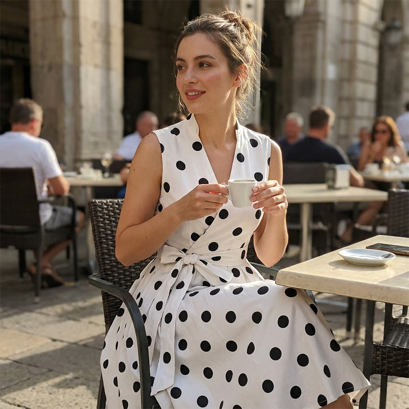Luna -Vestido de mujer con estampado de lunares, escote en V y sin mangas