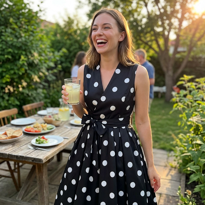 Luna -Vestido de mujer con estampado de lunares, escote en V y sin mangas