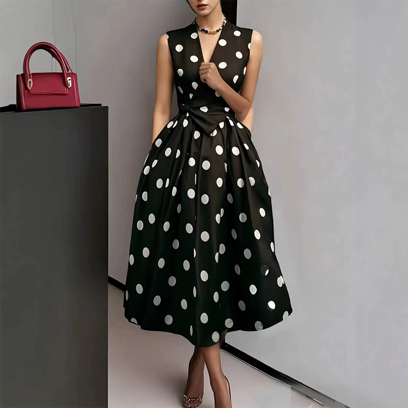 Luna -Vestido de mujer con estampado de lunares, escote en V y sin mangas