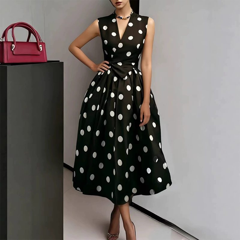 Luna -Vestido de mujer con estampado de lunares, escote en V y sin mangas