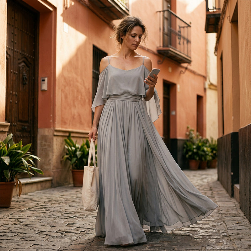 Lorena - Vestido maxi fluido sin mangas con escote asimétrico