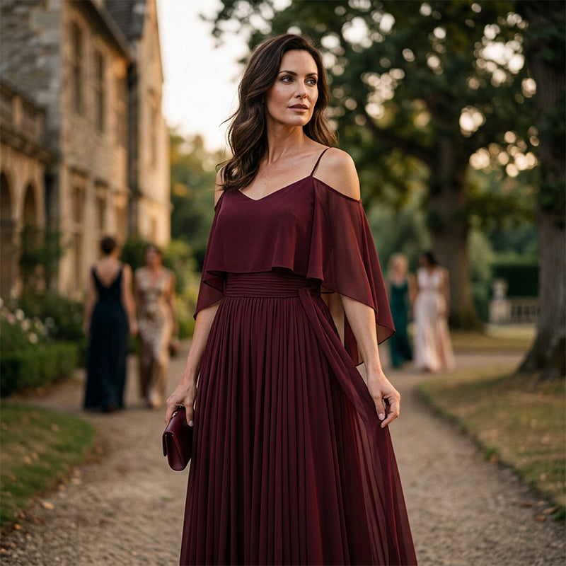 Lorena - Vestido maxi fluido sin mangas con escote asimétrico