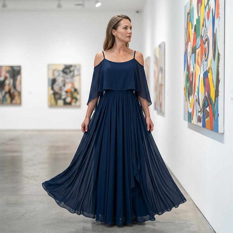 Lorena - Vestido maxi fluido sin mangas con escote asimétrico