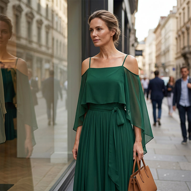 Lorena - Vestido maxi fluido sin mangas con escote asimétrico