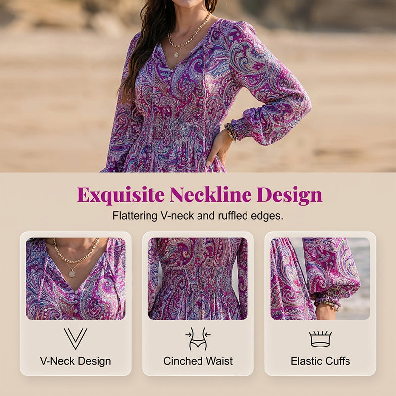 Púrpura - Vestido con escote en V y cordón en la cintura