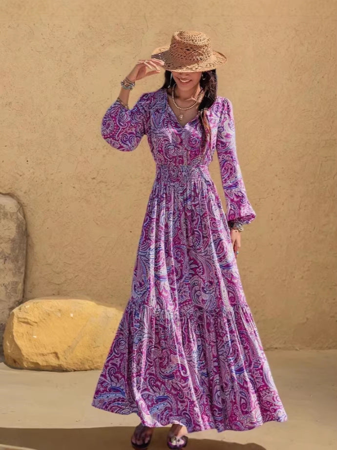 Púrpura - Vestido con escote en V y cordón en la cintura