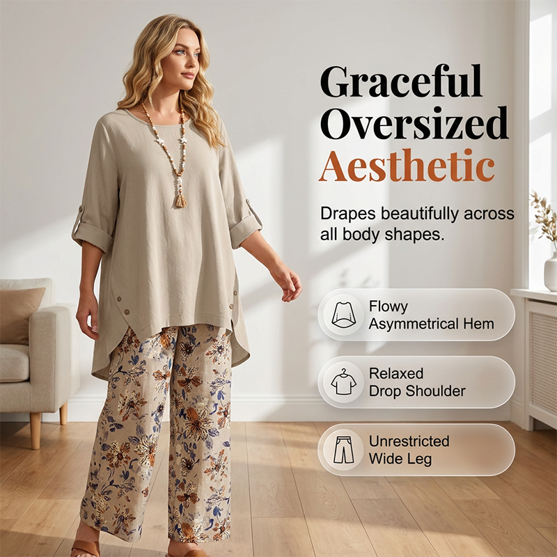 Conjunto 2 piezas de mujer algodón-lino estampado floral, holgado y transpirable para verano y vacaciones