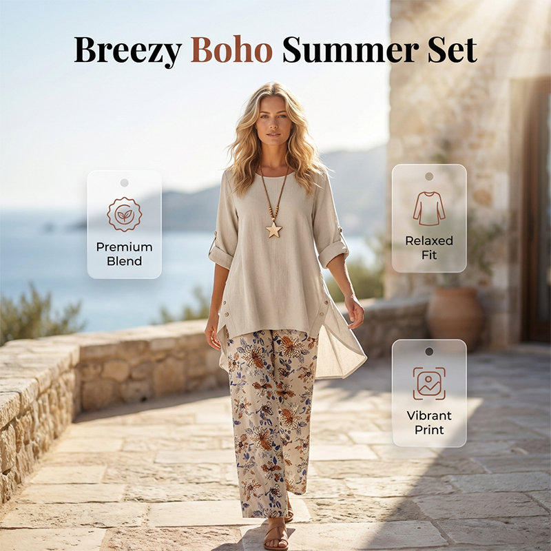 Conjunto 2 piezas de mujer algodón-lino estampado floral, holgado y transpirable para verano y vacaciones