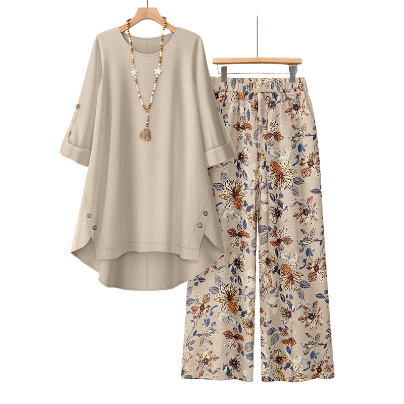 Conjunto 2 piezas de mujer algodón-lino estampado floral, holgado y transpirable para verano y vacaciones