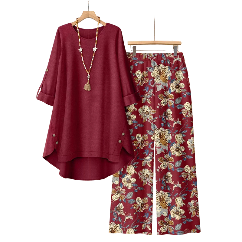 Conjunto 2 piezas de mujer algodón-lino estampado floral, holgado y transpirable para verano y vacaciones